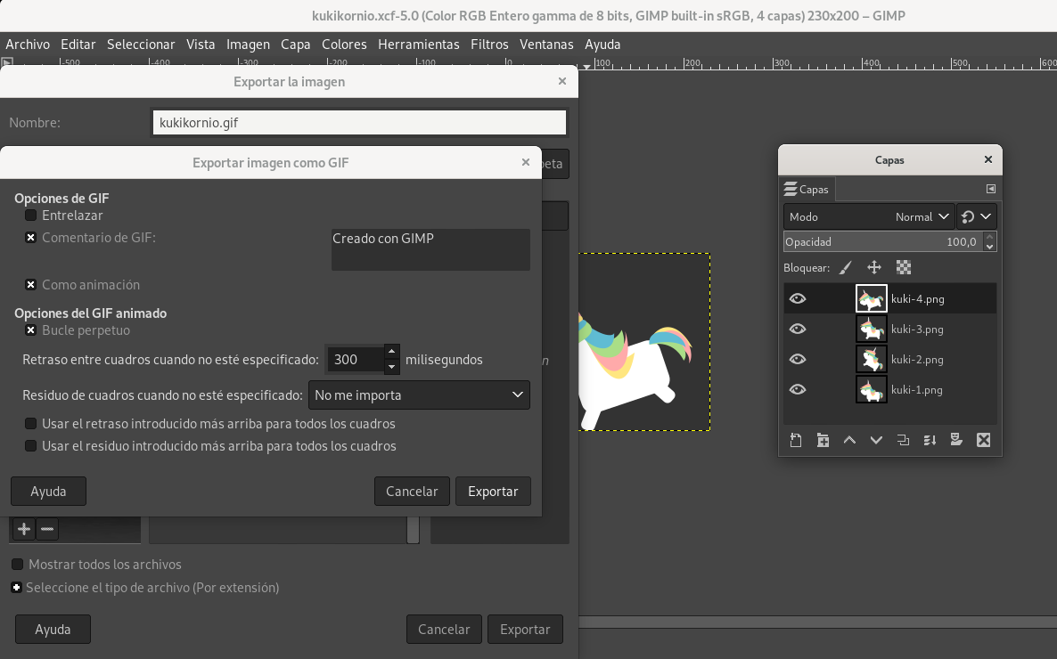 captura del editor GIMP para animar el kukikornio
