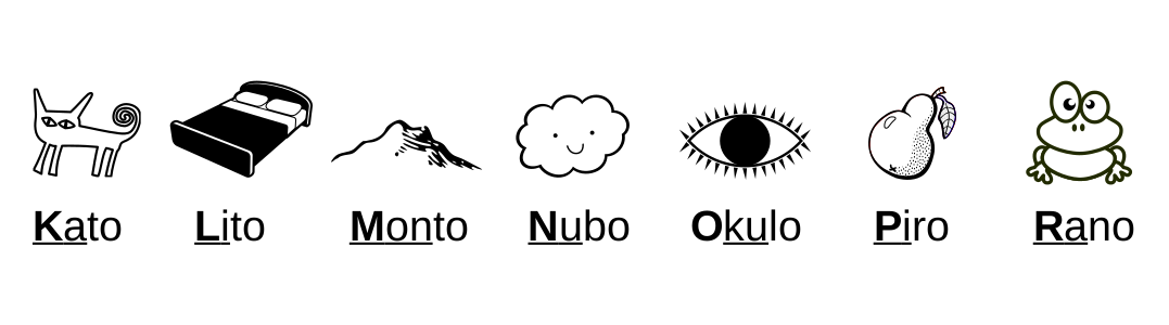 Sep literoj kun bildoj. 