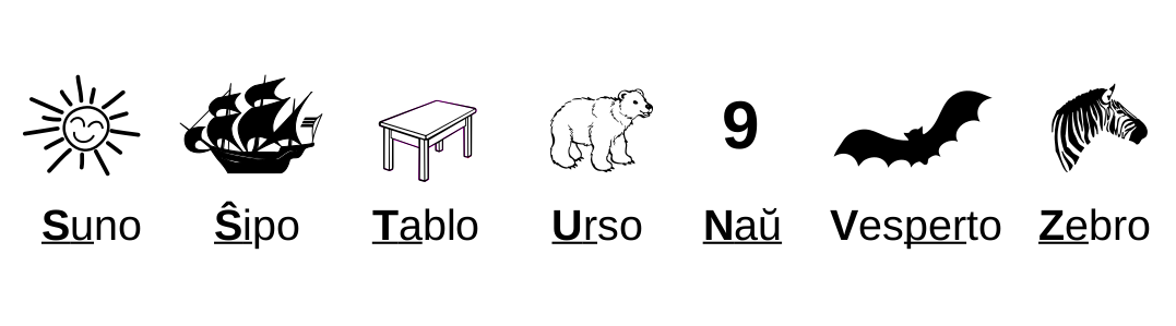 Sep literoj kun bildoj. 