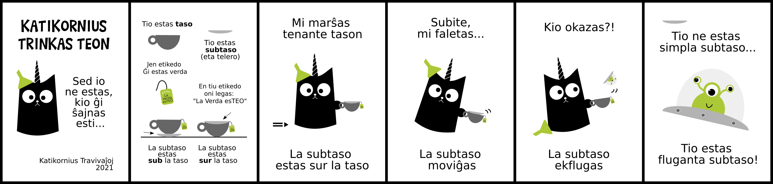 Katikornius trinkas teon. Historieta en seis viñetas.